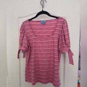 Cece Cuffed Sleeve Striped Tee in Pink SZ M